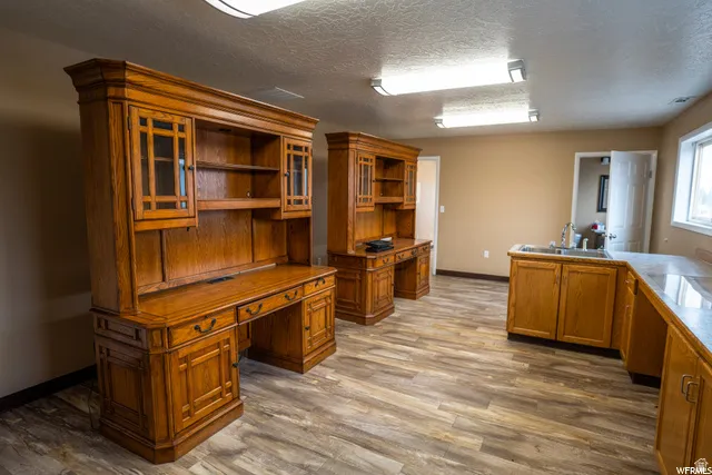 Wood-finish flooring, built-in wooden cabinetry, integrated sink, and track lighting