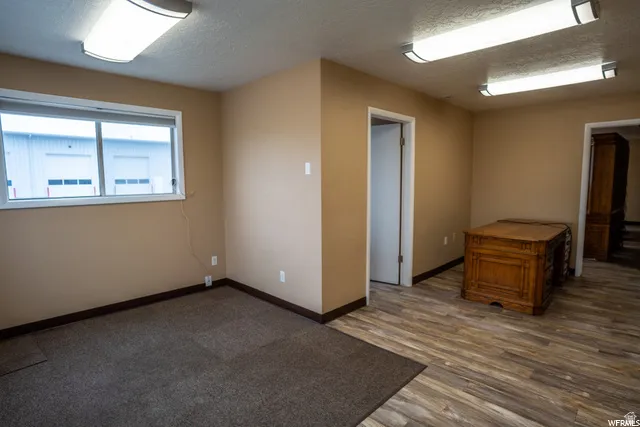 Room featuring carpet and wood-finish flooring, neutral-toned walls, and multiple ceiling-mounted light fixtures