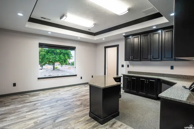 Recessed lighting and ceiling-mounted fixtures illuminate a tray ceiling
