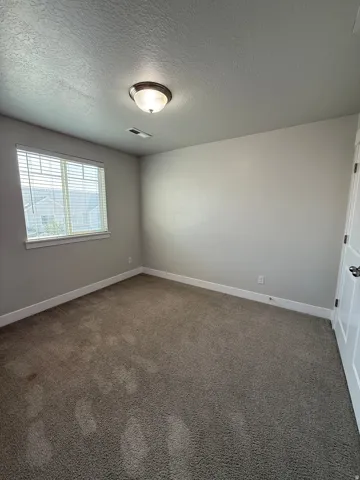 Recessed window with blinds, overhead flush mount light fixture, neutral carpet flooring, and white interior door