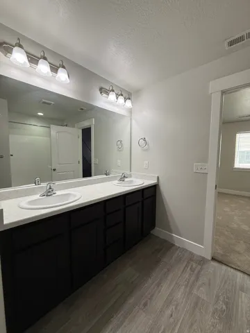 Dual vanity with white undermount sinks, dark wood-finish cabinetry, and light-toned countertops