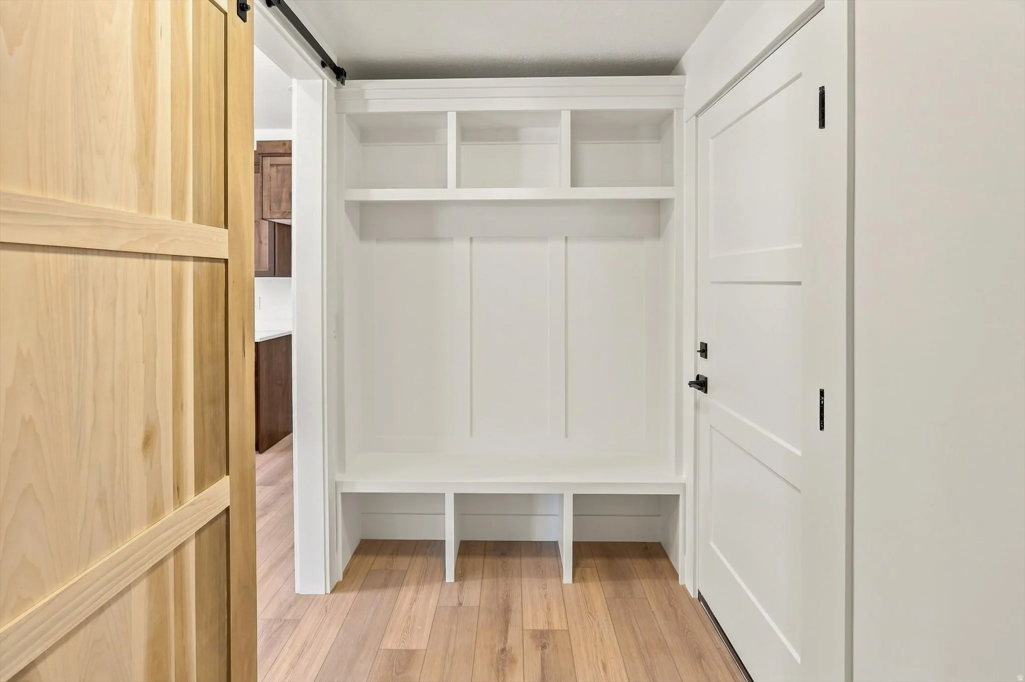 Spacious walk-in closet featuring built-in shelving and hanging rods, wood-finish flooring, and abundant natural light from multiple entry points
