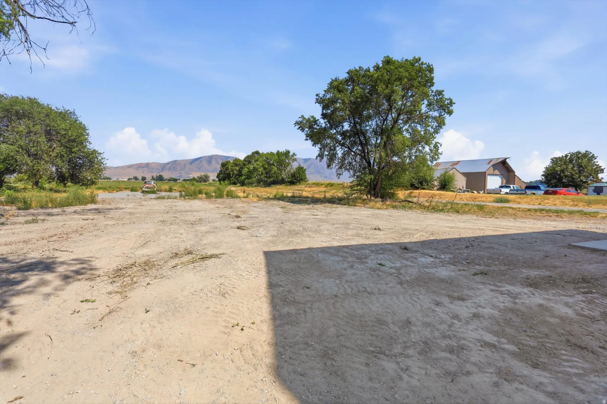 Expansive open lot featuring mature trees and mountain scenery