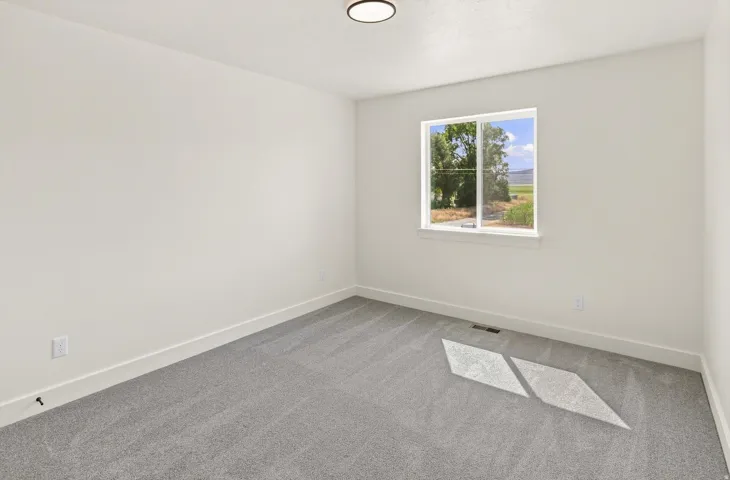 Crisp white walls with modern trim, carpeted flooring, and a contemporary flush-mount ceiling light