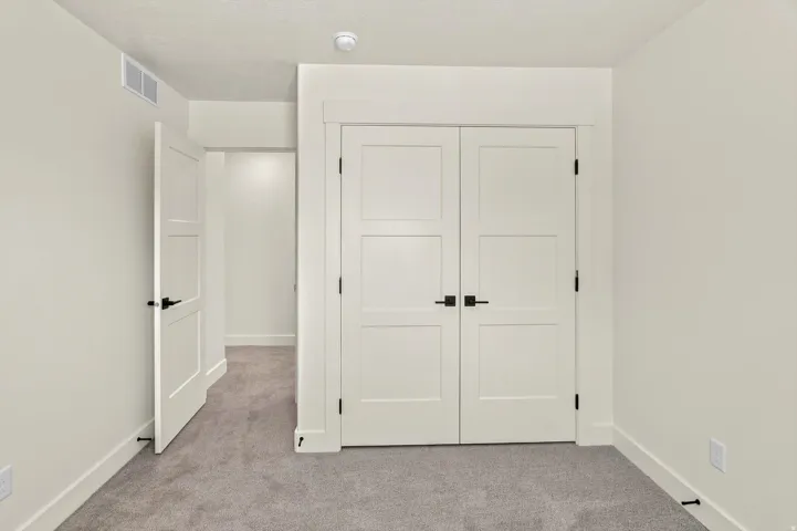 Light gray carpeting, white walls, white trim, and matte black hardware on doors