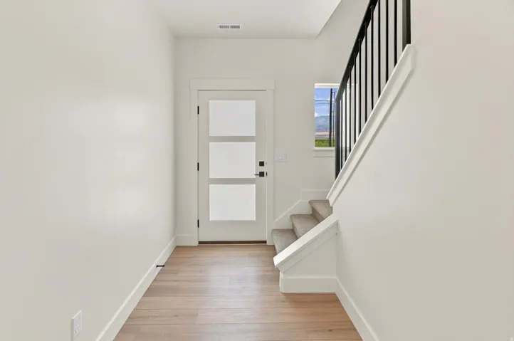Modern entryway featuring wood-finish flooring, a contemporary paneled door with frosted glass, and a carpeted staircase with black iron balusters