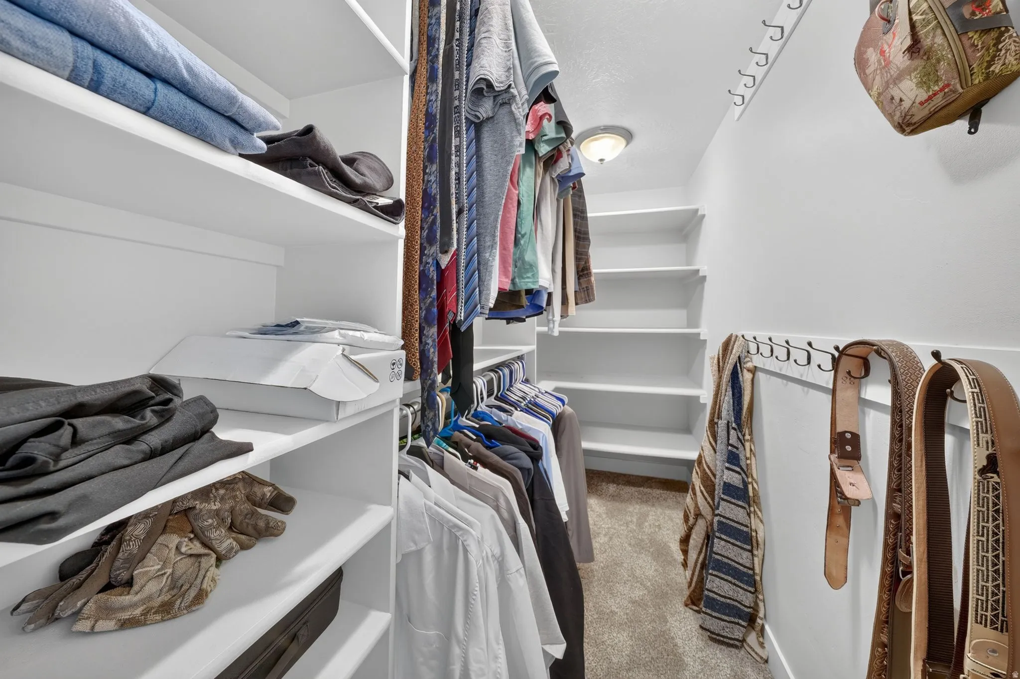 Walk-in closet featuring white built-in shelving, hanging rods, wall-mounted hooks, and neutral carpet flooring
