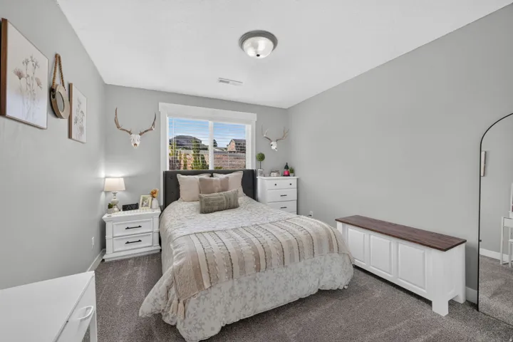 Carpeted bedroom with a window, white window trim, and a ceiling-mounted light fixture