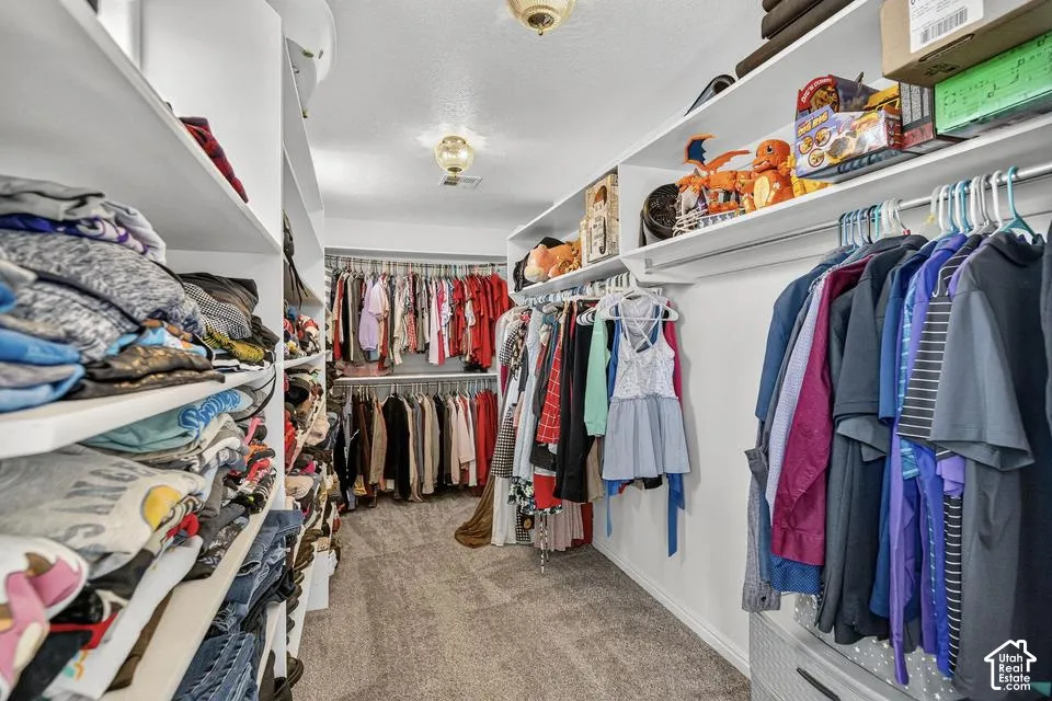 Walk-in closet with built-in shelving, multiple hanging rods, and carpet flooring