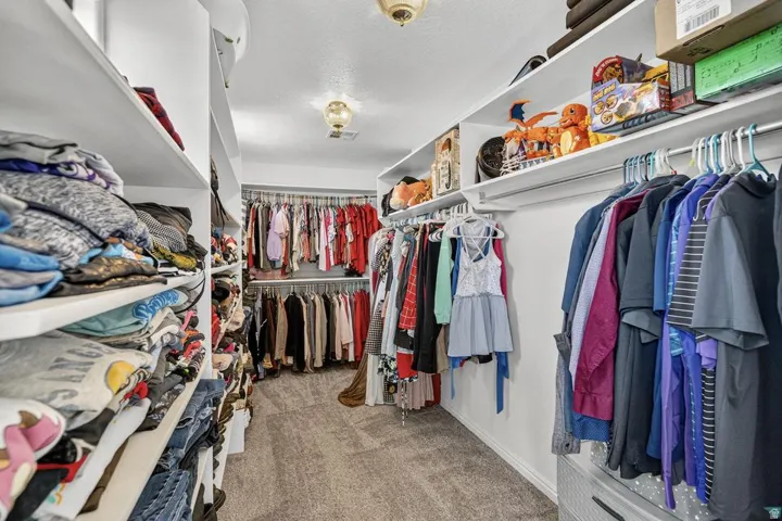 Walk-in closet with built-in shelving, multiple hanging rods, and carpet flooring
