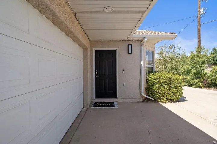 Concrete driveway leading to a paneled garage door and a dark entry door with a rectangular sconce