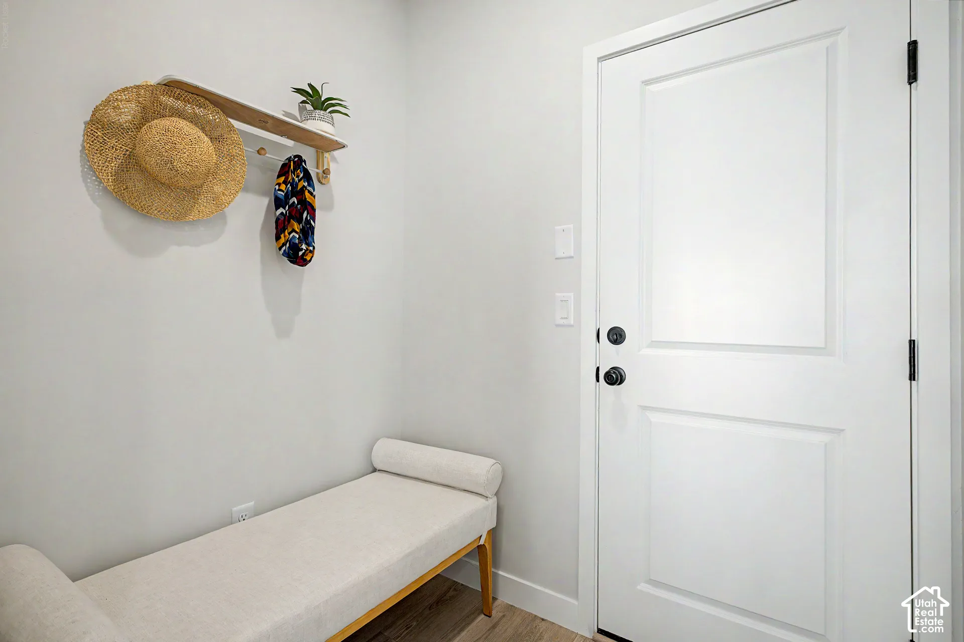 White paneled door with matte black hardware, light wood-finish flooring, and a wall-mounted shelving unit with integrated hooks