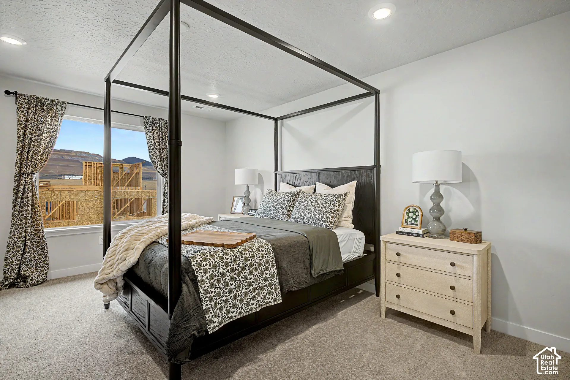 Recessed lighting, light-colored wall paint, and plush carpeting