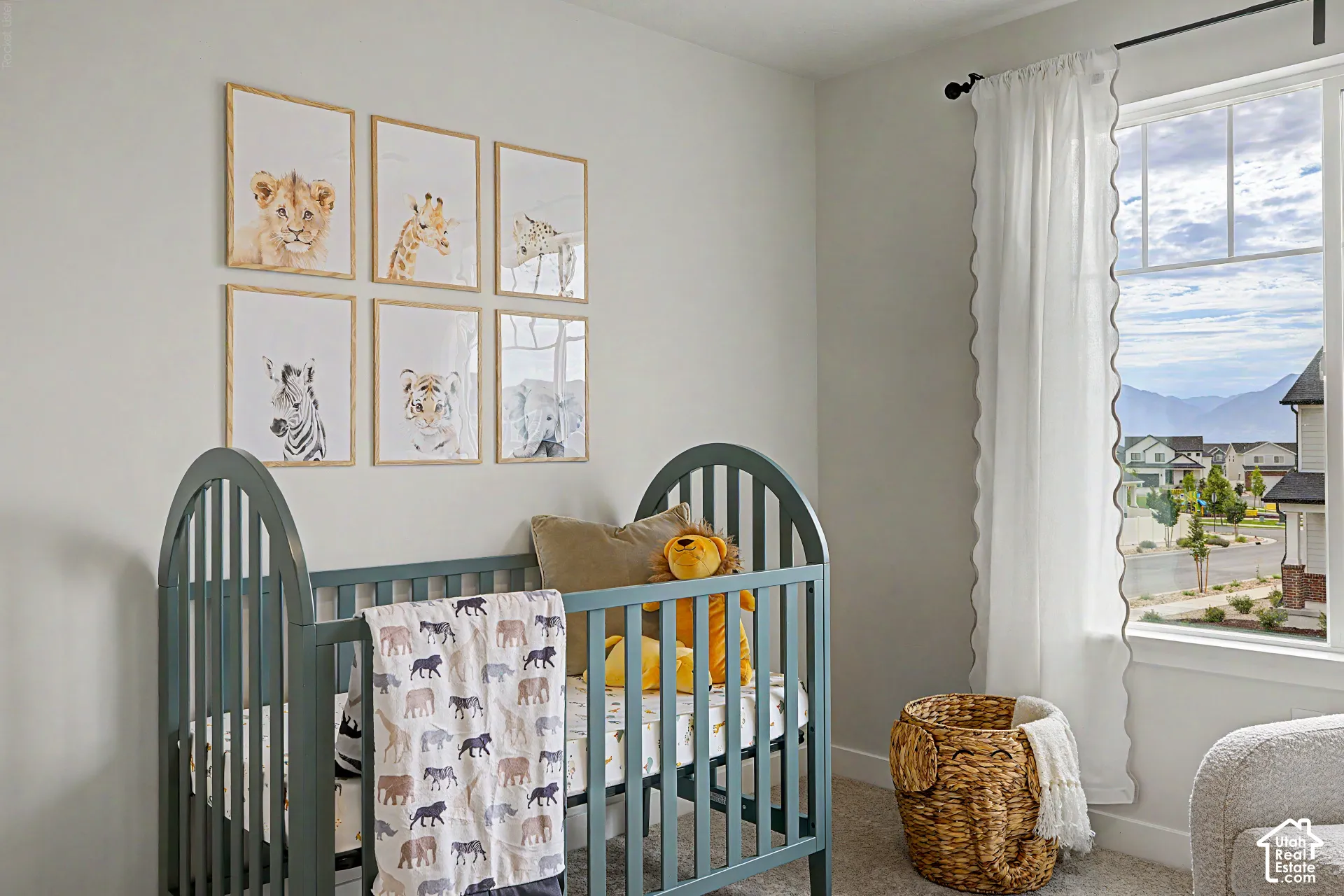 Bright room with window and window treatments, light-colored walls, and carpeting