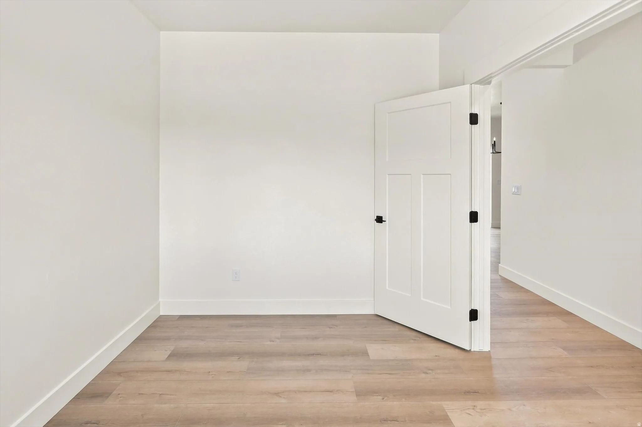 Light wood-finish flooring, white walls, and a white three-panel interior door with matte black hardware