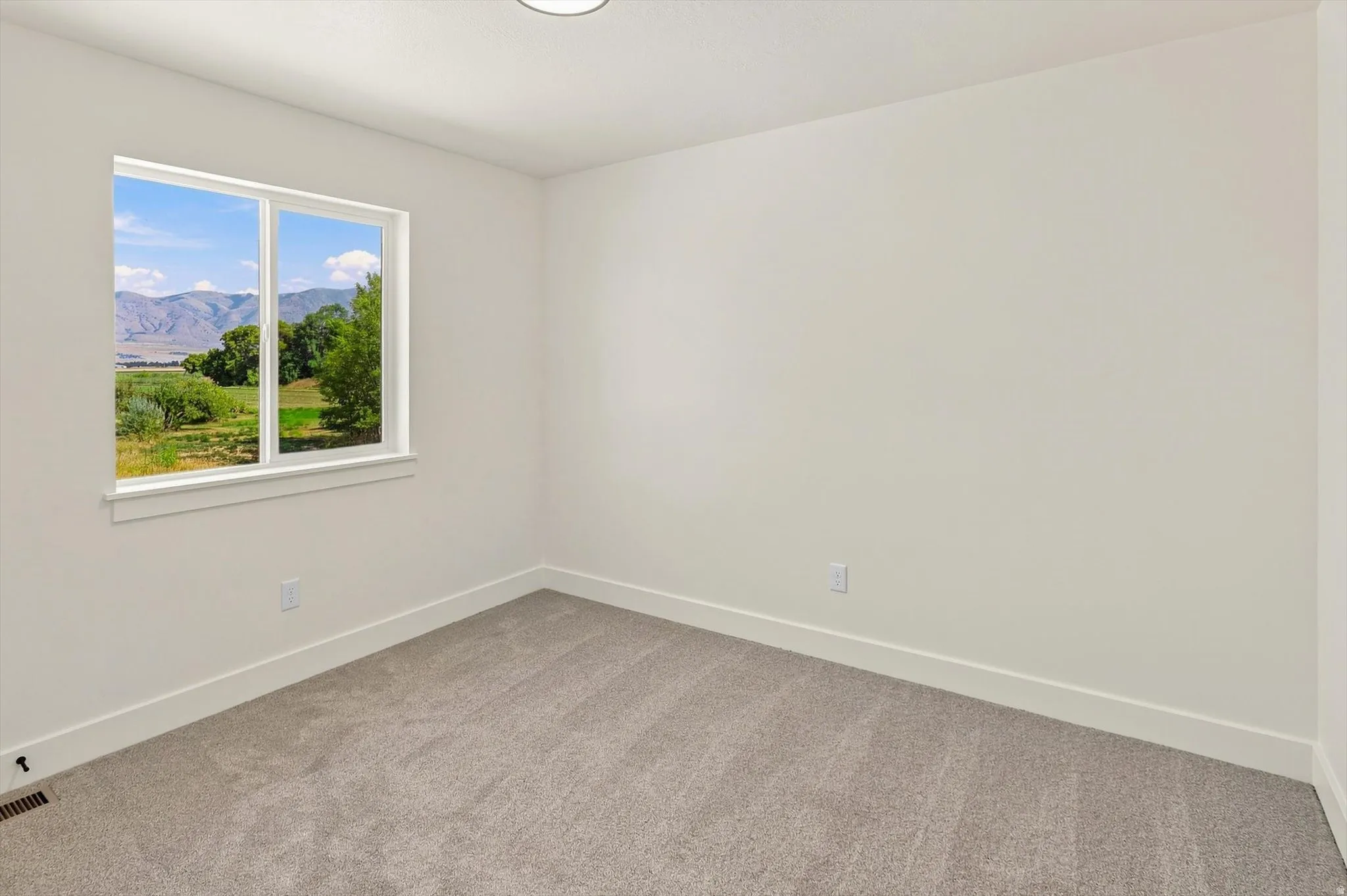 Neutral tone wall paint with a window offering a mountain and field backdrop