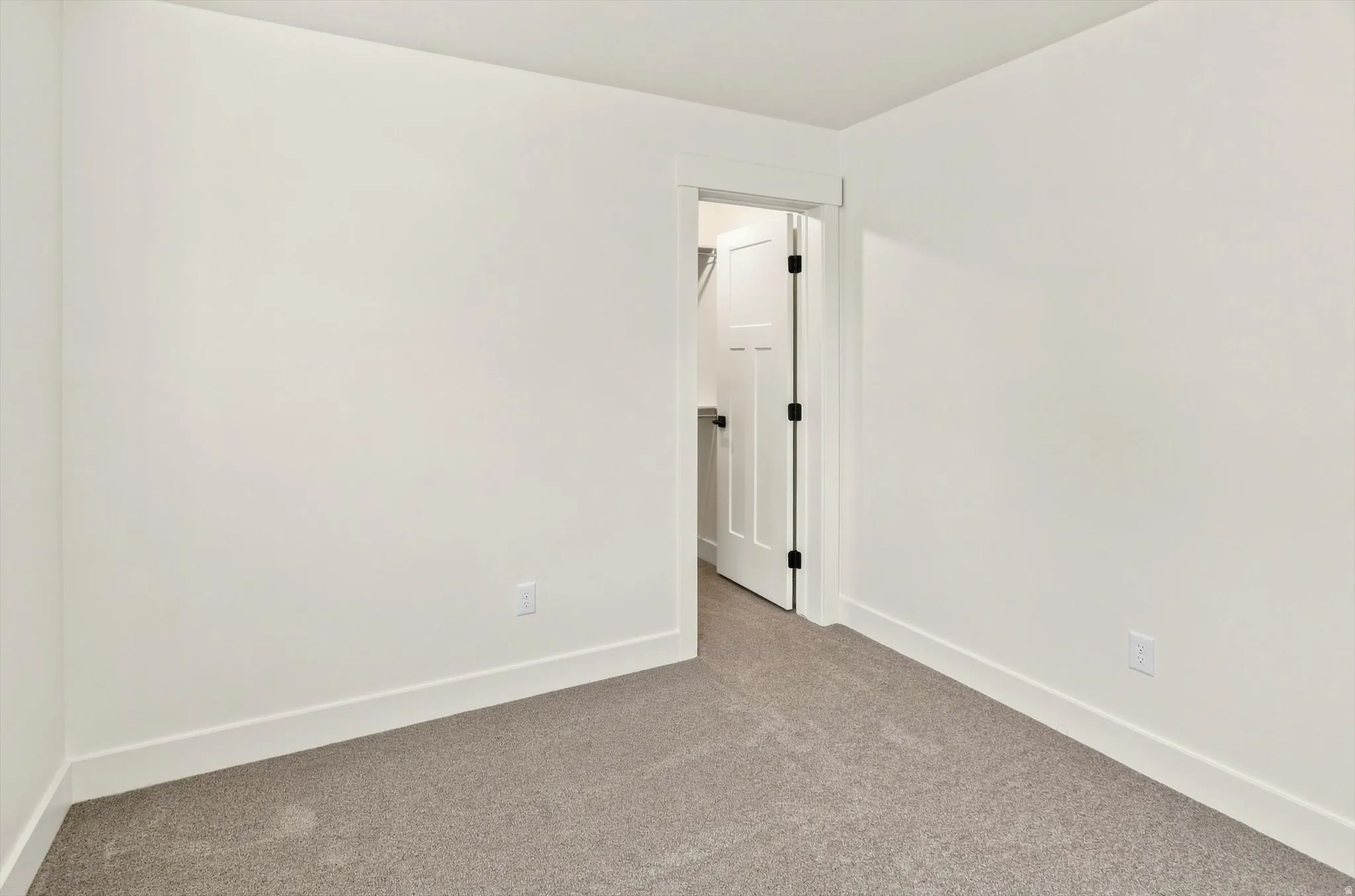 Light-toned carpeted flooring paired with white walls, a white trim, and a white interior door featuring black hardware