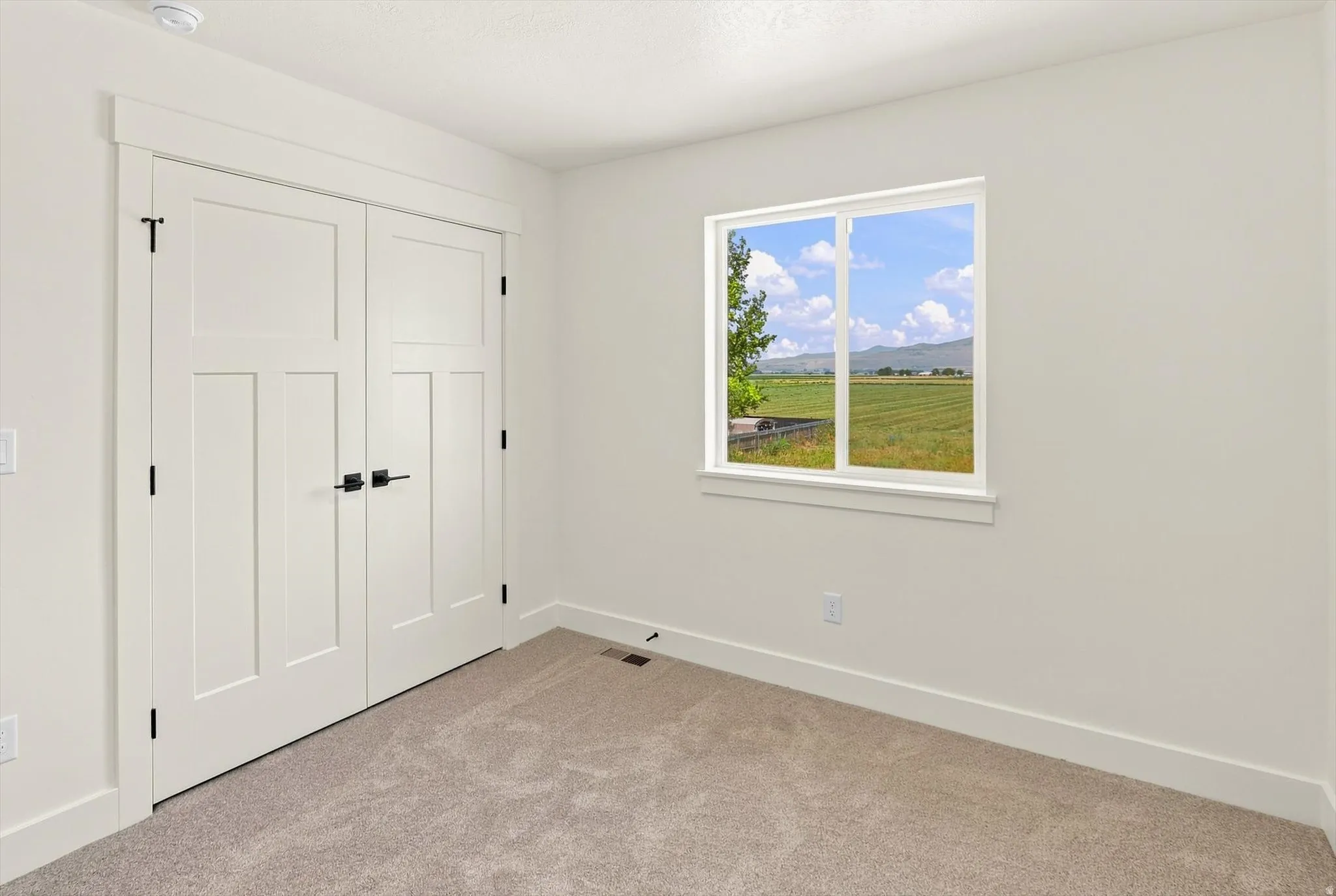 White interior walls, light-toned carpet flooring, a window with white trim, and a double-door closet with black hardware