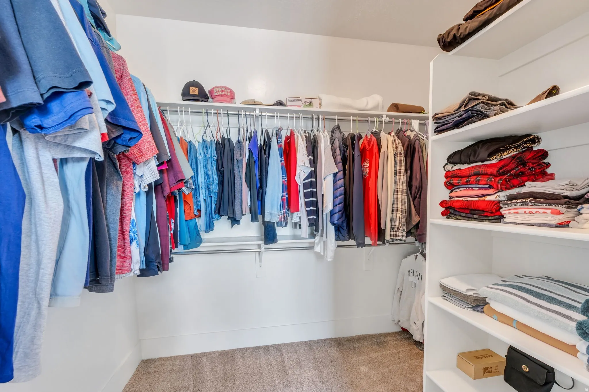Walk-in closet featuring white built-in shelving, white hanging rods, and carpet flooring