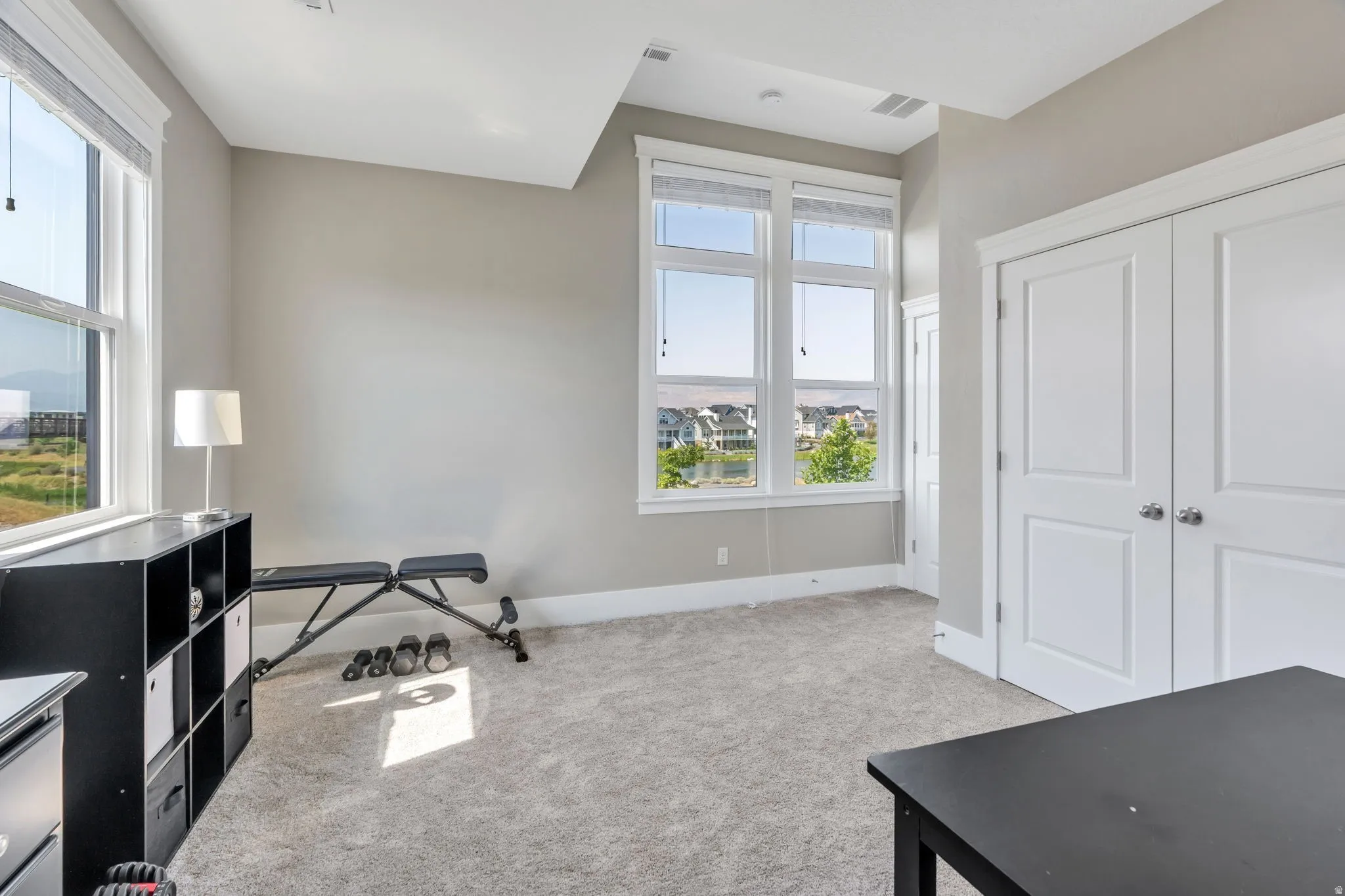 Light gray walls, light gray carpet, and white trim