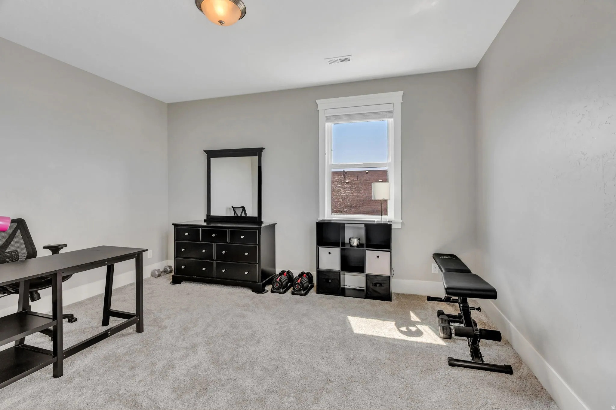 Natural light from a single window, overhead lighting fixture, and carpeted flooring