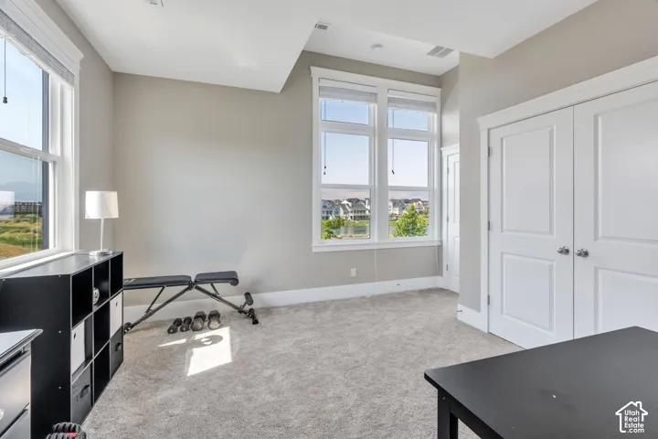 Light gray wall paint, carpeting, double windows, double-door closet, and white trim