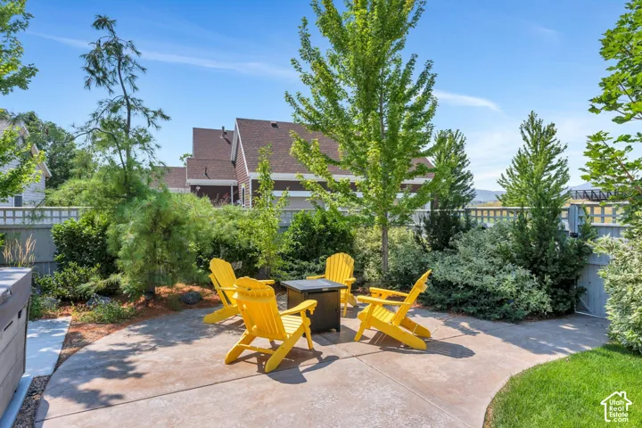 Stamped concrete patio with mature landscaping and privacy fencing