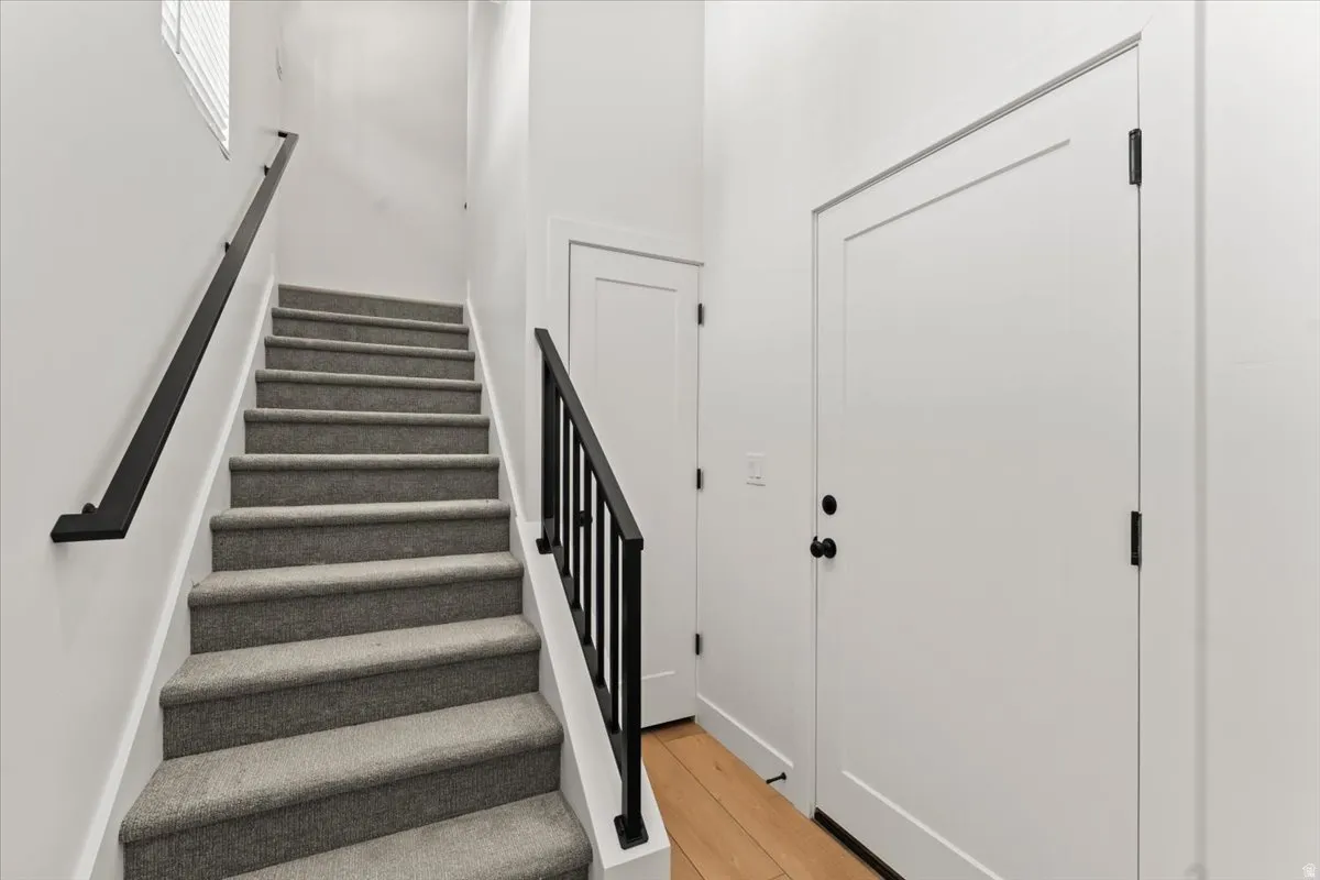Carpeted staircase with black metal railings, light wood-finish flooring, and white interior doors