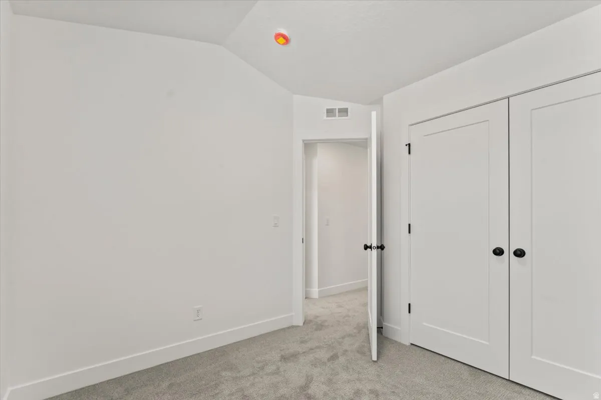 Light gray carpet flooring, white walls, and a white interior door with black hardware
