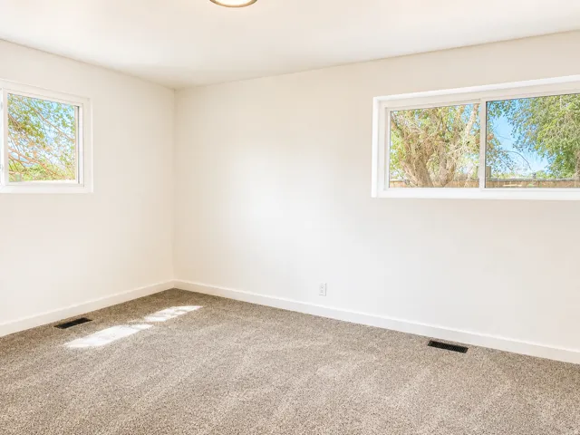Plush gray carpeting, white walls, and a contemporary flush-mount ceiling light