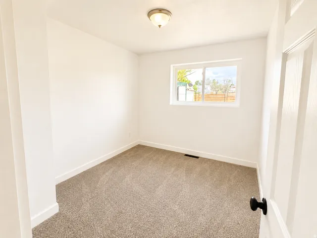 Neutral paint palette, textured carpeting, contemporary ceiling light fixture, white window trim, paneled interior door