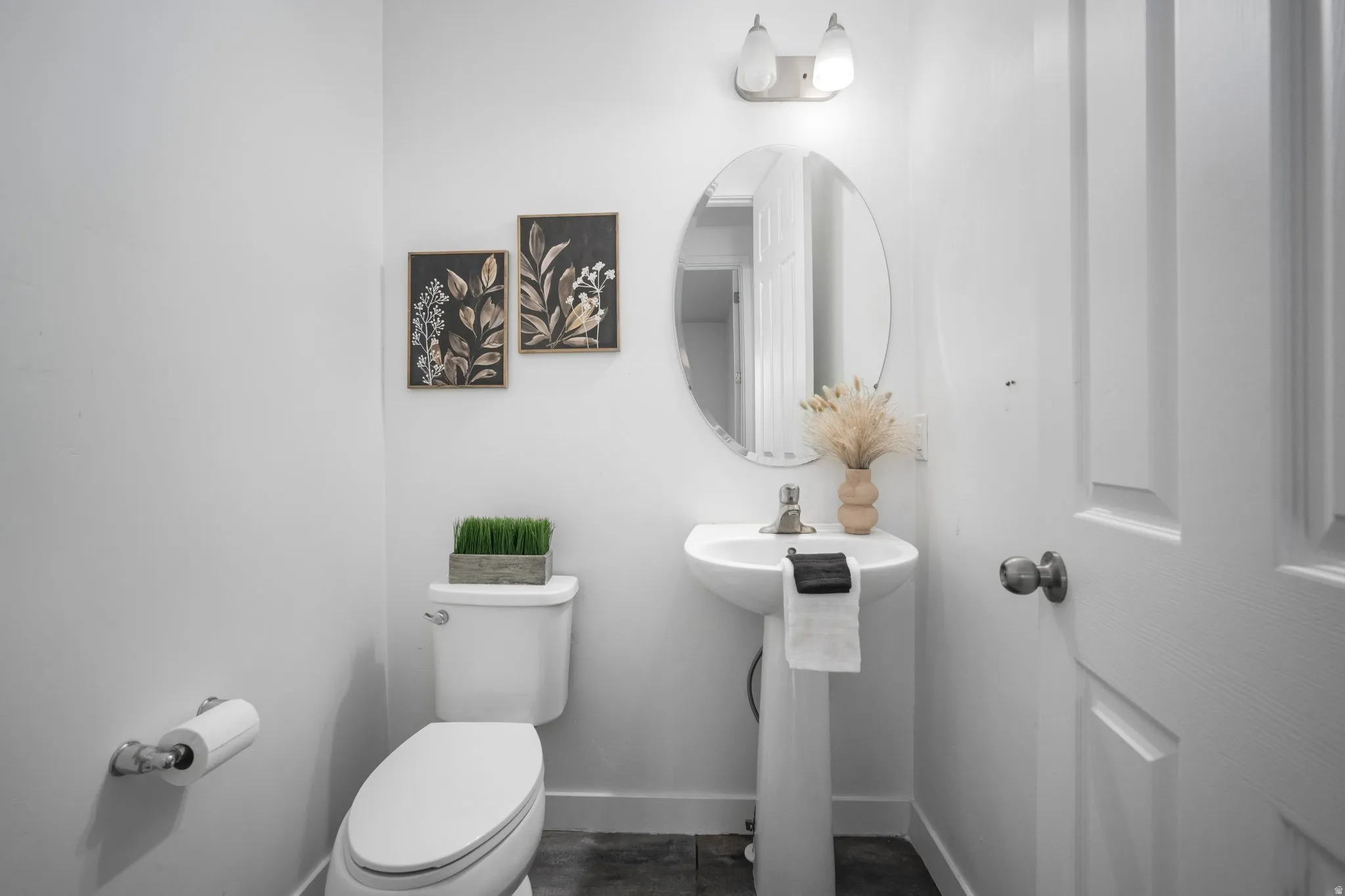 Pedestal sink with an oval mirror, wall-mounted light fixture, and panel door