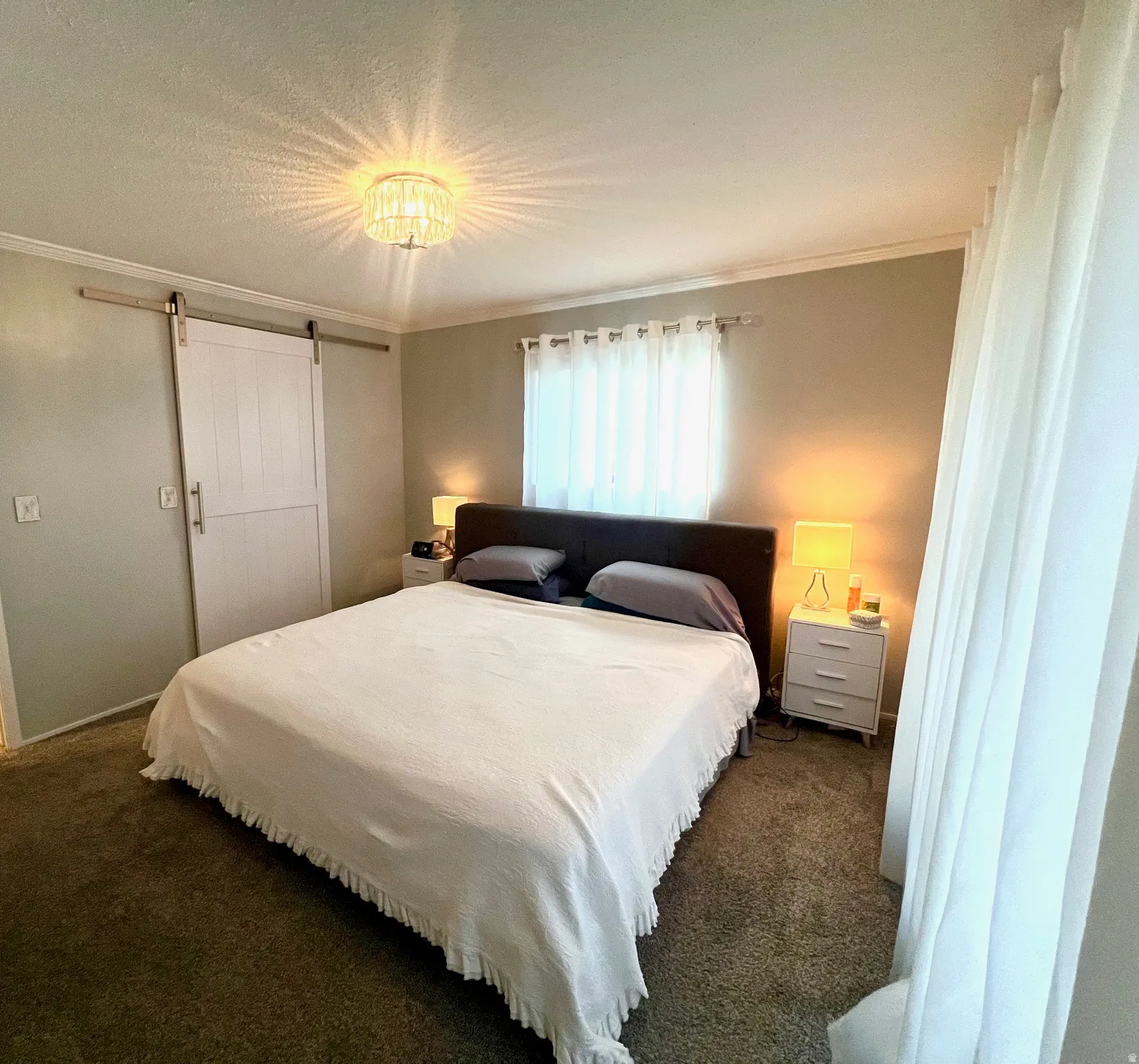 Spacious bedroom featuring a dark upholstered bed frame, carpeted flooring, dual nightstands with task lighting, and abundant natural light from multiple window treatments