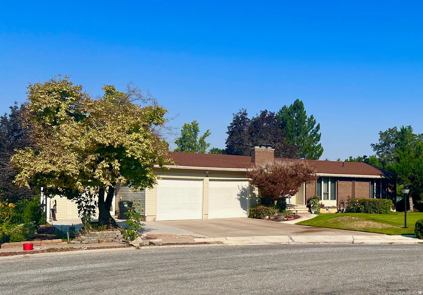 Ranch-style residence featuring a brick facade, two-car garage, mature landscaping, and a paved driveway