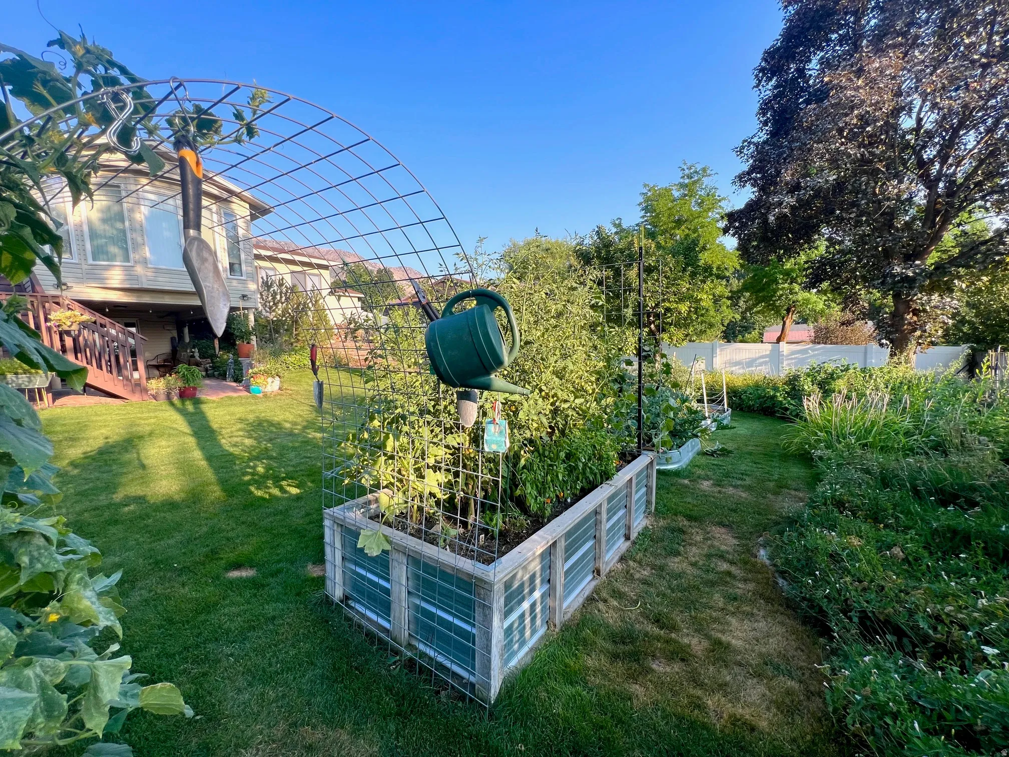 Expansive backyard featuring a manicured lawn, raised garden beds, established perimeter foliage, and a multi-level deck with wood railings