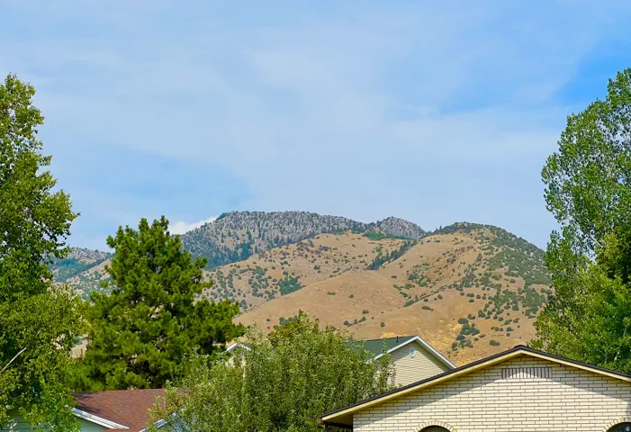 Mountain backdrop with a light-colored brick exterior, arched windows, and a dark shingle roof