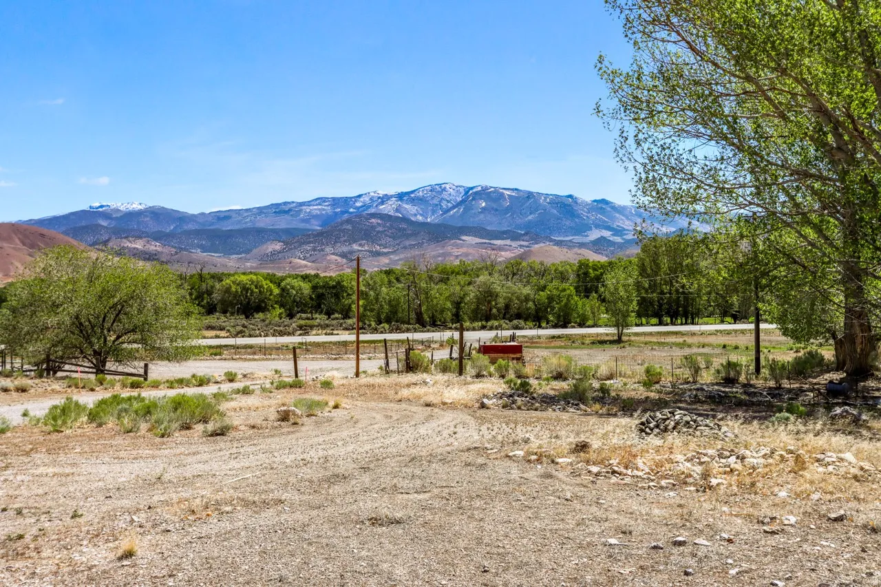 Expansive property featuring a gravel drive, mature trees, a rural fence line, and a distant mountain range backdrop