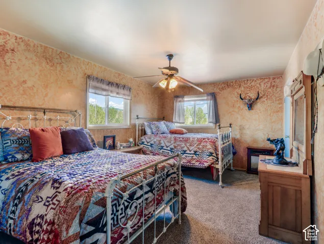 Textured wall finish, ceiling fan with light fixture, two windows with roller blinds, carpeted flooring, and a wood-finish dresser