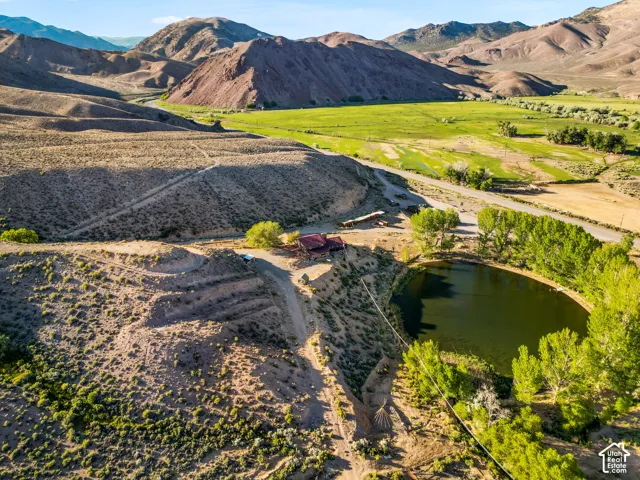 Hillside property with a natural pond, surrounding mature trees, and a paved road access
