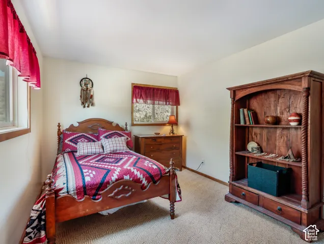 Carpeted room with two windows, a wood-frame bed, and a built-in wooden bookshelf