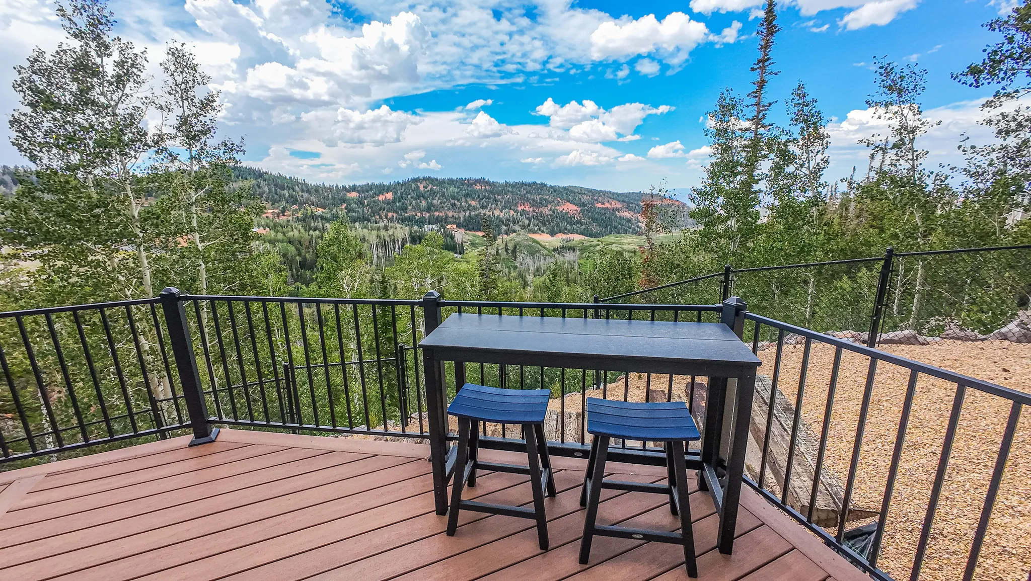 Outdoor deck with composite wood-finish flooring and black metal railing