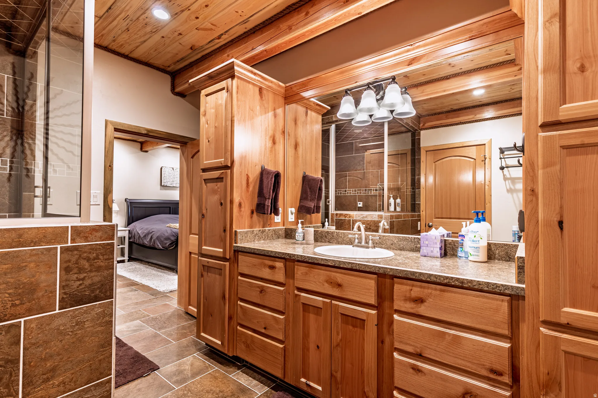 Wood-finish plank ceiling and beams