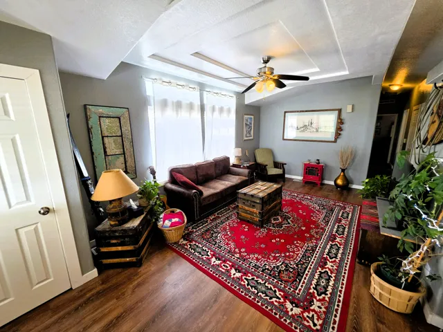 Tray ceiling with a ceiling fan, wood-finish flooring, and light gray wall paint