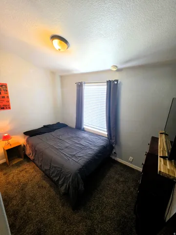 Bedroom #2 with textured ceiling with a flush-mount light fixture and carpet flooring.