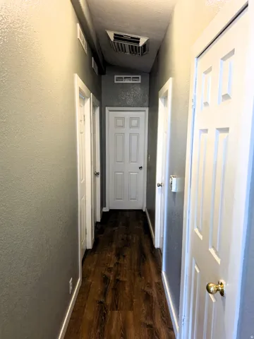 Hallway with wood-finish flooring, paneled doors, and painted walls