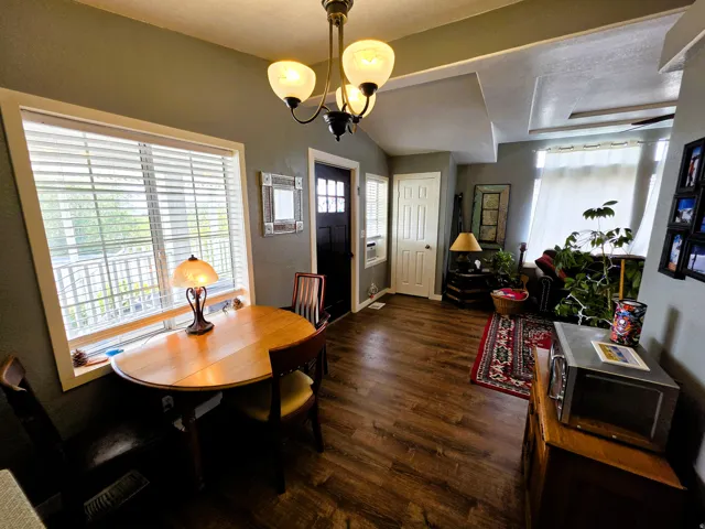 Wood-finish flooring throughout, multiple windows with blinds, a prominent ceiling light fixture, and a paneled entry door