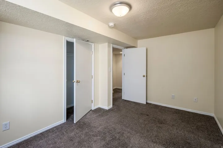 Neutral tone wall paint, flush mount ceiling light fixture, carpet flooring, and white trim