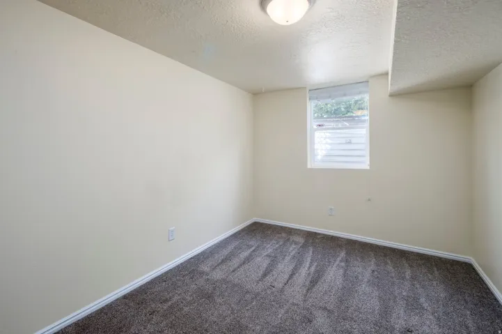 Neutral wall paint, textured ceiling, flush mount light fixture, window with horizontal blinds, and gray patterned carpeting