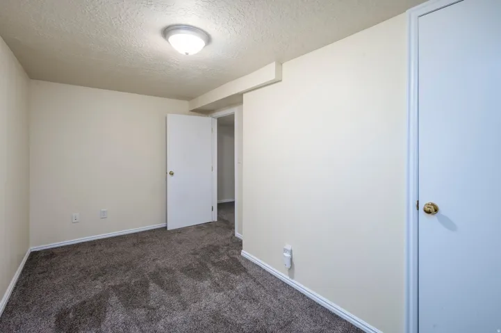 Textured ceiling, wall-mounted light fixture, neutral wall color, dark gray carpet flooring, white trim