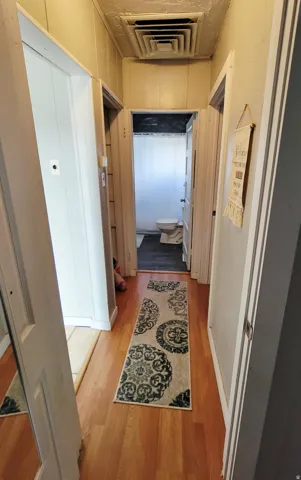 Wood-finish flooring throughout the hallway